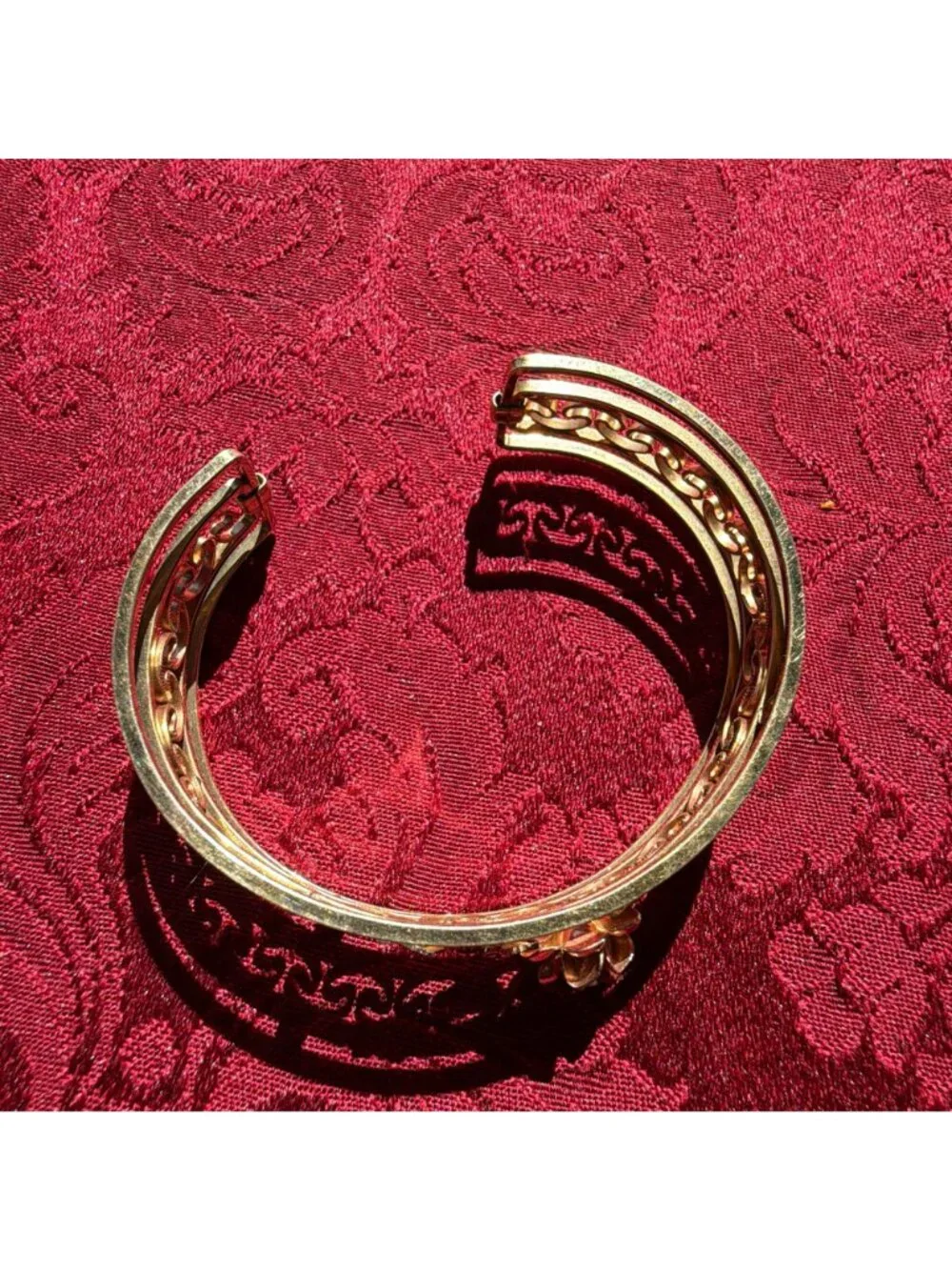 Vintage Krementz Floral Rose Cuff Bracelet Mid Century Romantic Filigree Scroll